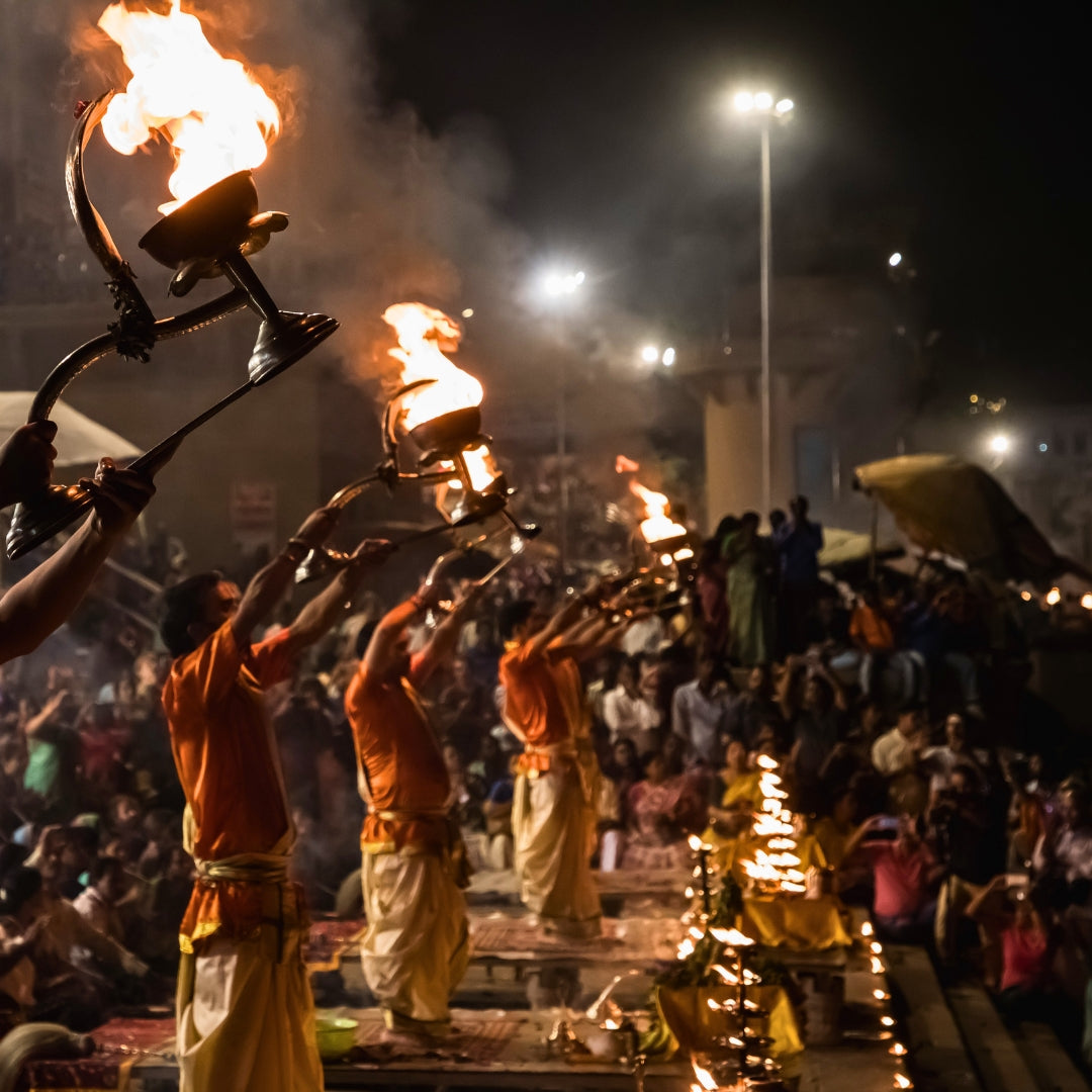 Ganga Arati being performed on the ghats of Ganga in Varanasi